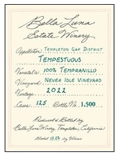 Bella Luna Estate Winery, Templeton Gap District – Paso Robles (Central Coast, California) Tempranillo 2022