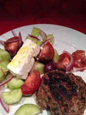 WINE WITH…Lamb Burgers with Carmelized Onions and Greek Salad